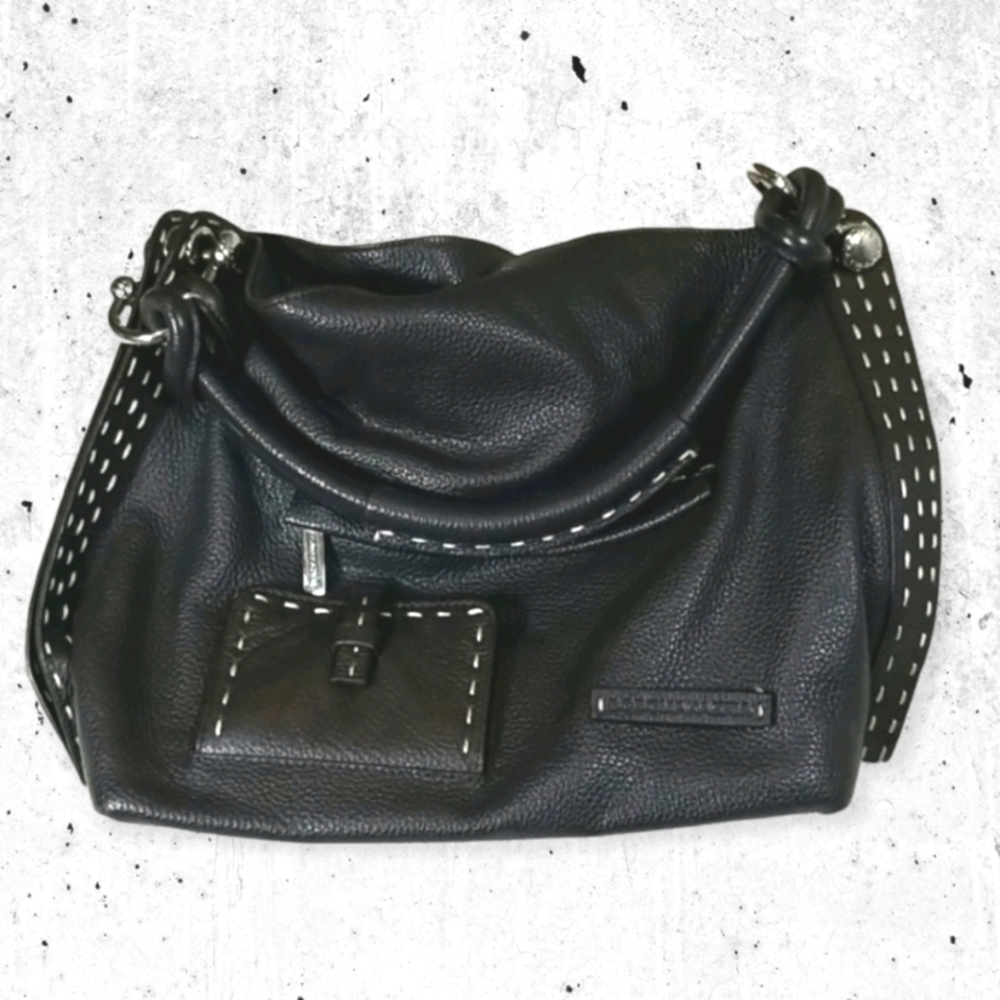 BCBG MAX AZRIA Italian dark brown Leather Signature Hobo Satchel Handbag Purse